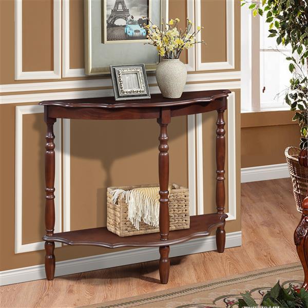 42'' Retro Circular Curved Half-Moon Console Table with Cloud Design Top and Open Shelf Solid Wood Frame and Legs, Light Espresso