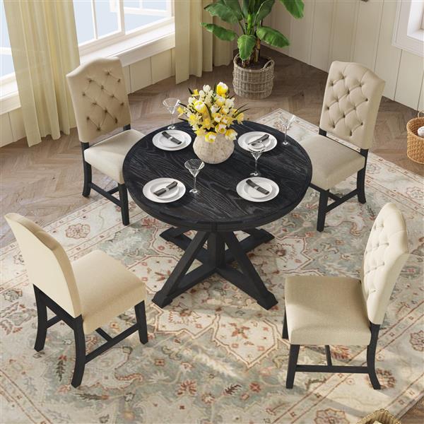 Functional Furniture Retro Style Dining Table Set with Extendable Table and 4 Upholstered Chairs for Dining Room and Living Room(Espresso)