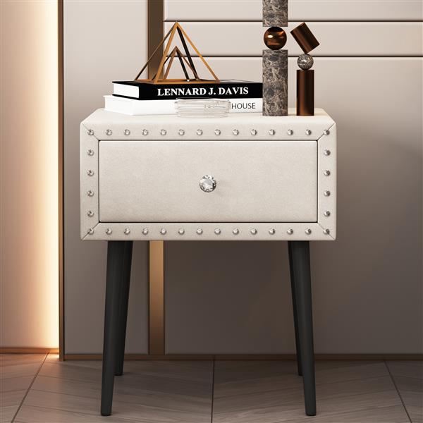 Modern Nightstands Set of 2 with Drawer and Crystal Handle, Elegant Rivet Velvet Design Bedside Table for Bedroom, Beige