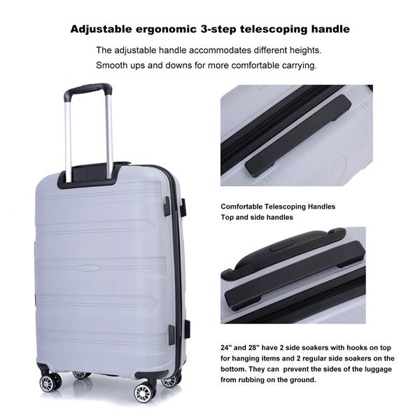 Hardshell Suitcase Spinner Wheels PP Luggage Sets Lightweight Durable Suitcase with TSA Lock,3-Piece Set (20/24/28) ,Silver