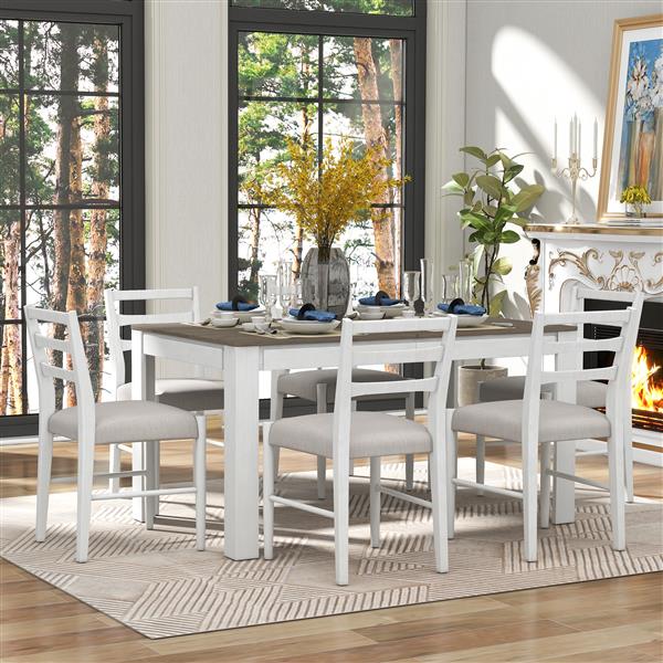 7-Piece Wooden Dining Table Set Mutifunctional Extendable Table with 12" Leaf and 2 Drawers, 6 Dining Chairs with Soft Cushion (Brown + White)