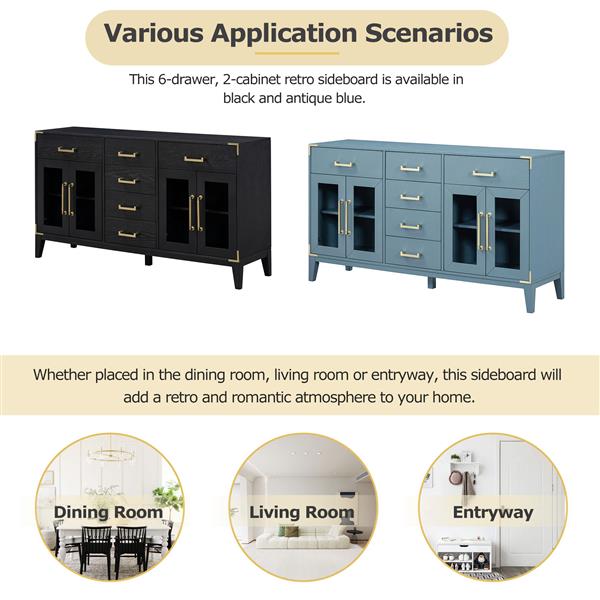 6-drawer and 2-Cabinet Retro Sideboard with Extra Large Storage Space, with ld Handles and Solid Wood Legs, for Kitchen and Living Room (Black)