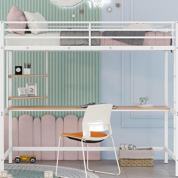 Twin Metal Loft Bed with Desk and Shelve,White