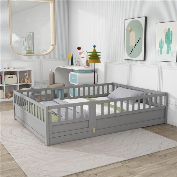 Full size  Floor bed, integral construction with super high security barrier, door, children's floor bed frame, Montessori wooden children's floor bed,  Grey