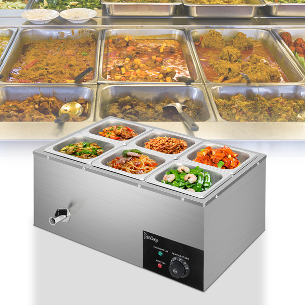 ZOKOP 110V 1200W 3L*6 Stainless Steel Small Six Plates Heating Food Warming Soup Pool Silver