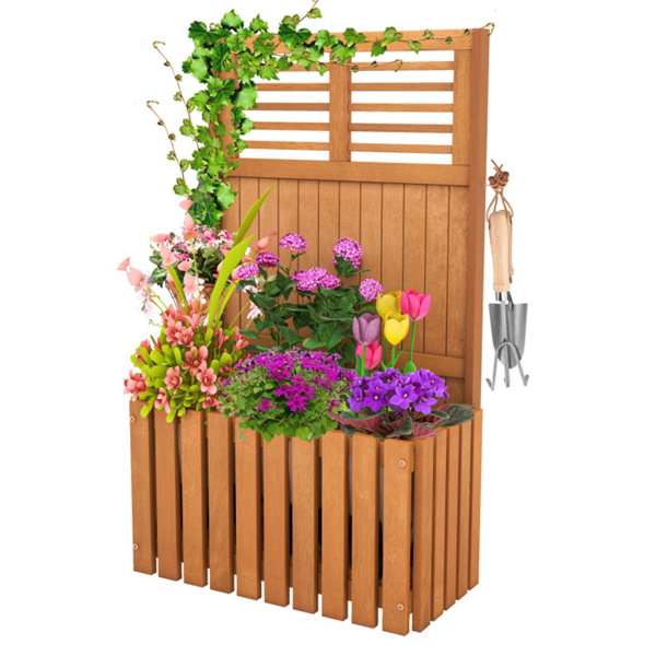 Wooden garden bed with metal hooks