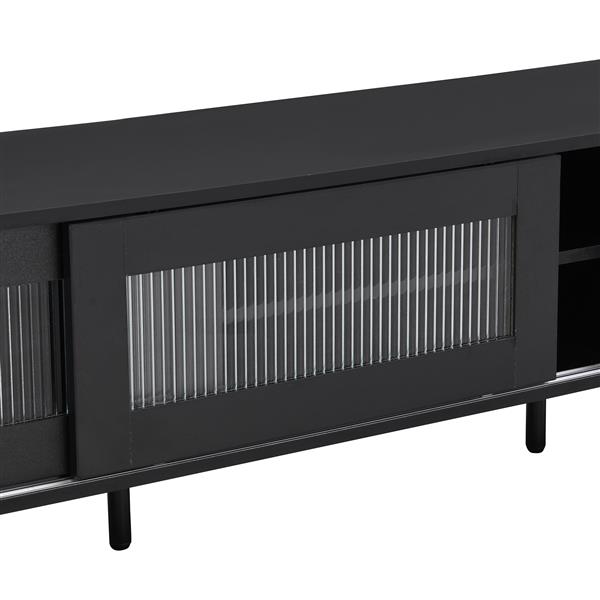 Chic Elegant Design TV Stand with Sliding Fluted Glass Doors, Slanted Drawers Media Console for TVs Up to 75", Modern TV Cabinet with Ample Storage Space, Black