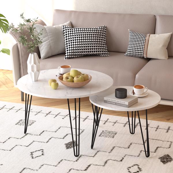 27.56'' Round Nesting Coffee Table Set of 2, Circular Nesting End Table Set, Round Marble Tabletop, and Sturdy Metal Base for Living Room, bedroom, White 