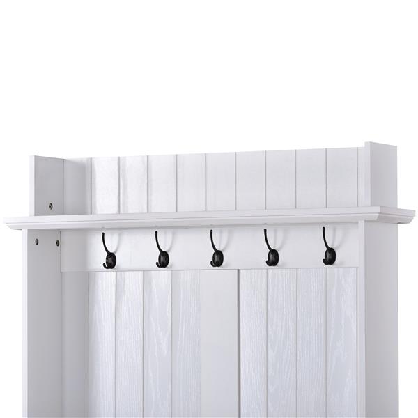 [VIDEO provided] Vintage Style 38.5" Wide Hallway Coat Rack with 5 Metal Hooks and 2 Large Drawers Hall Tree, Metal drawer Handles Entryway Bench Coat Hanger, White