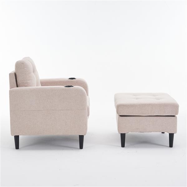 Beige Upholstered Armchair and Storage Ottoman Set - Comfortable Single Sofa with Cup Holders and Tufted Detailing, Ideal for Living Room or Bedroom