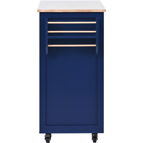 Kitchen Cart with Rubber Wood Countertop , Kitchen Island has 8 Handle-Free Drawers Including a Flatware Organizer and 5 Wheels for Kitchen Dinning Room, Dark Blue