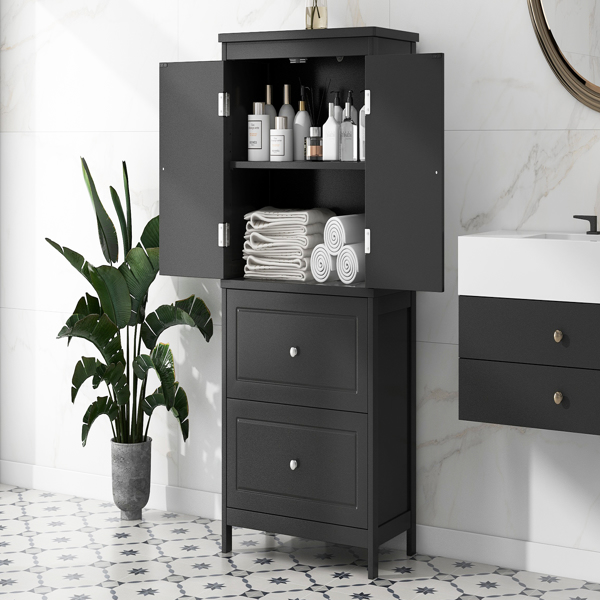 Bathroom Storage Cabinet, Cabinet with Two Doors and Drawers, Adjustable Shelf, MDF Board, Black 