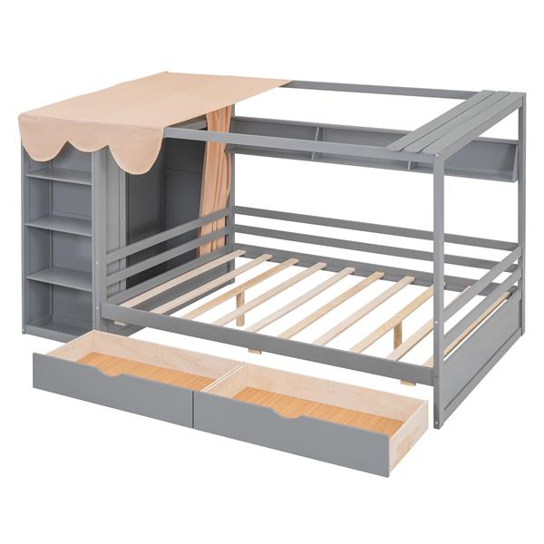 Full size House Bed with Two Drawers and Wardrobe,Gray