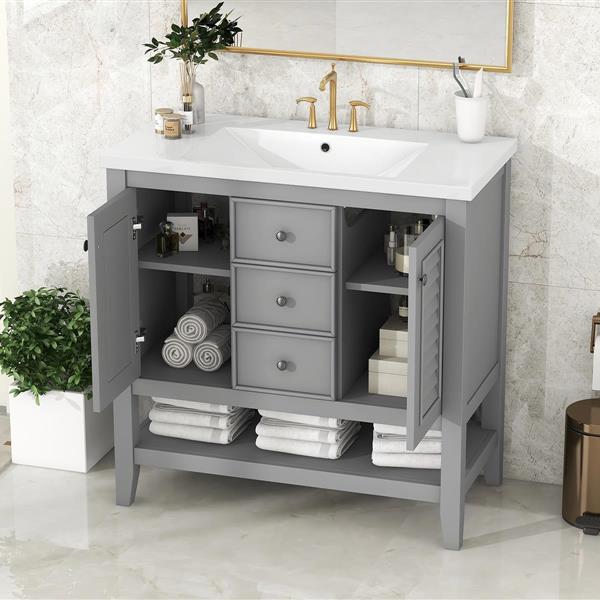 36" Bathroom Vanity with Ceramic Basin, Two Cabinets and Drawers, Open Shelf, Solid Wood Frame, Grey