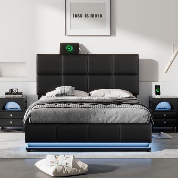 Full Size Tufted Upholstered Platform Bed with Hydraulic Storage System,PU Storage Bed with LED Lights and USB charger, Black