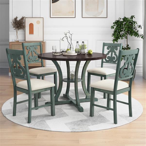 5-Piece Round Dining Table and 4 Fabric Chairs with Special-shaped Table Legs and Storage Shelf (Antique Blue/ Dark Brown)