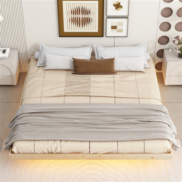 King Size Floating Bed with LED Lights Underneath,Modern King Size Low Profile Platform Bed with LED Lights,Natrual