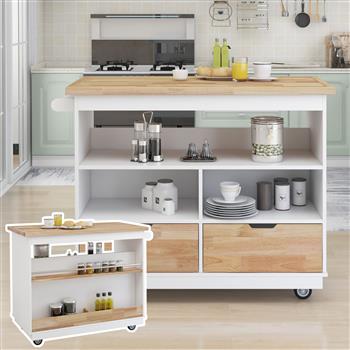 Rolling Kitchen Island with Storage, Two-sided Kitchen island Cart on Wheels with RubberWood Top,Wine and Spice Rack, Large Kitchen Cart with 2 Drawers, 3 Open Compartments, White