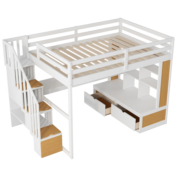 Full Size Loft Bed with Desk and Shelves, Two Built-in Drawers, Storage Staircase, White and Natural 