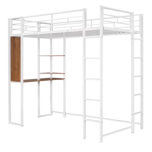 Twin Metal Loft Bed with 2 Shelves and one Desk ,WHITE