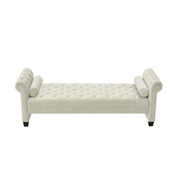 Ivory, Solid Wood Legs Velvet Rectangular Sofa Bench with Attached Cylindrical Pillows