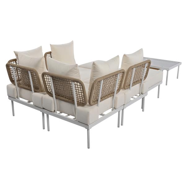 8-Piece Patio Sectional Sofa Set with Tempered Glass Coffee Table and Wooden Coffee Table for Outdoor Oasis, Garden, Patio and Poolside (Beige Cushion + White Steel)