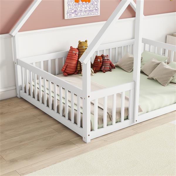 Full Wood House-Shaped Floor Bed with Fence, Guardrails,White