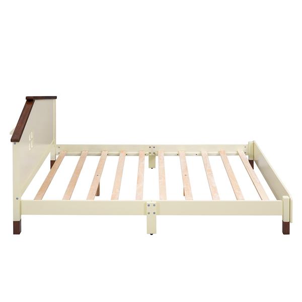 Full Size Wood Platform Bed with House-shaped Headboard  (Cream+Walnut)