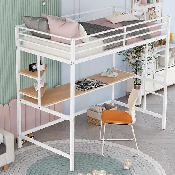 Twin Metal Loft Bed with Desk and Shelve,White