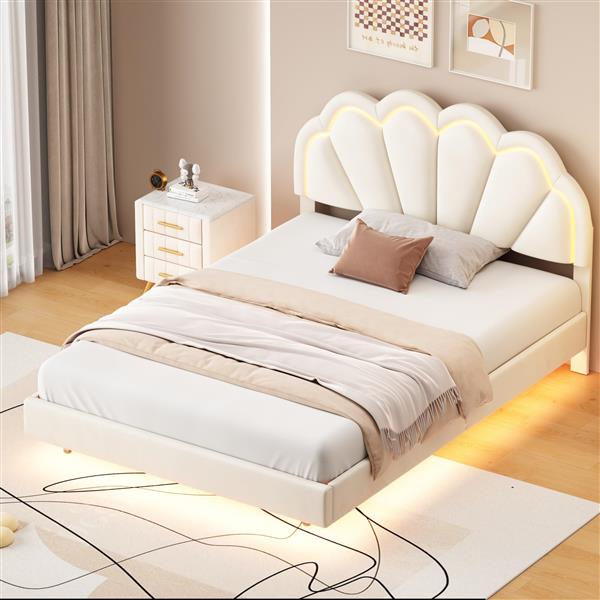 Full Upholstered Smart LED Bed Frame with Elegant Flowers Headboard,Floating Velvet Platform LED Bed with Wooden Slats Support,Beige