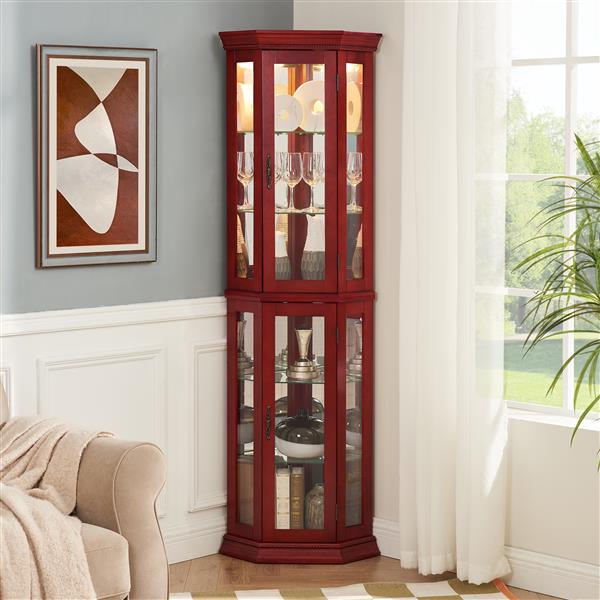 Corner Curio Cabinet Lighted Corner Display, Glass Display Shelf Shelving Bar cabinet with Tempered Glass Door, Bar Cabinet,Cabinet with Adjustable Shelf Glass Cabinet Shelves Bead Bulb Included