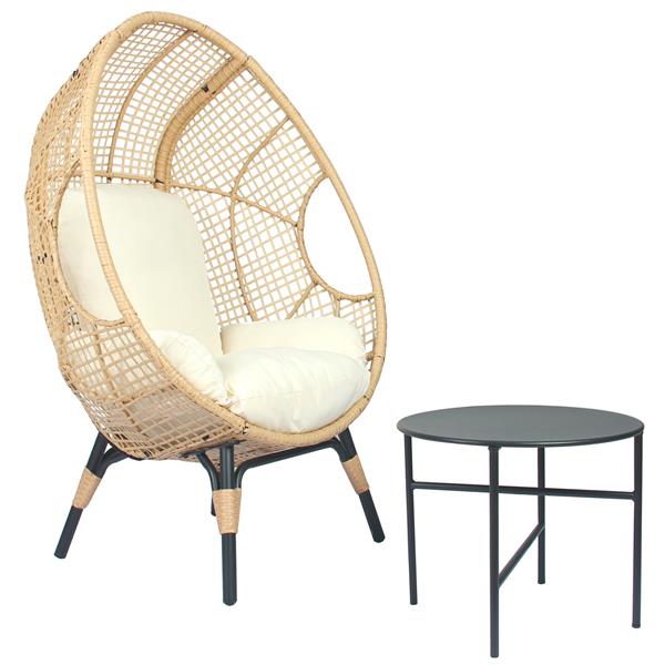 Patio PE Wicker Egg Chair Model 4 with Natural Color Rattan Beige Cushion and Side Table