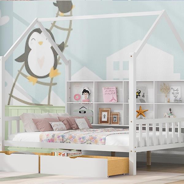 Wooden Full Size House Bed with 2 Drawers,Kids Bed with Storage Shelf, White(Expected Arrival Time: 5.15)