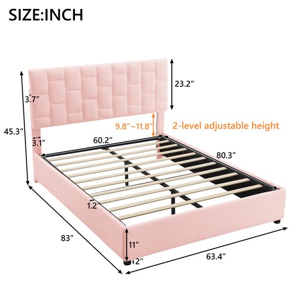 Queen Size Upholstered Platform bed with Height-adjustable Headboard and Under-bed Storage Space,Pink