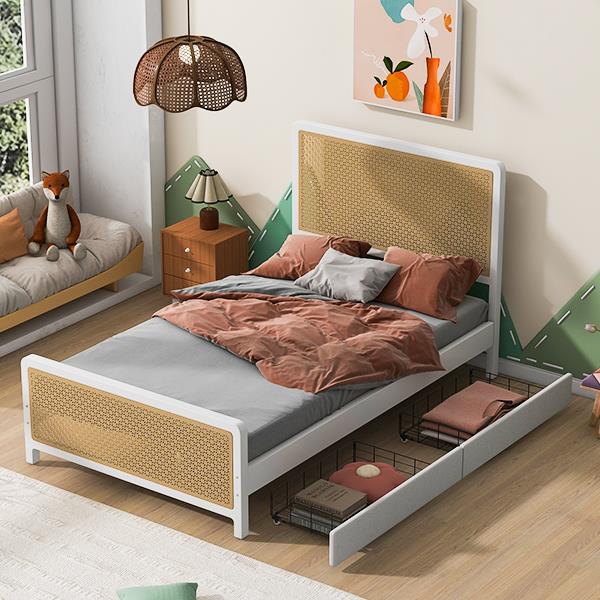 Full Size Metal Platform Bed with 2 Drawers, White