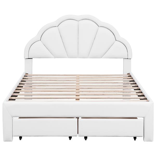 Full Size Upholstered Platform Bed with Seashell Shaped Headboard, LED and 2 Drawers, White