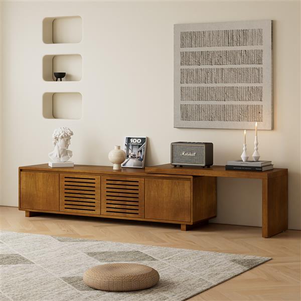 63" Mid-Century Modern Extendable TV Stand for TVs up to 75", Media Console TV Cabinet for Living Room Bedroom, Farmhouse Entertainment Cabinet with Storage & Adjustable Panel