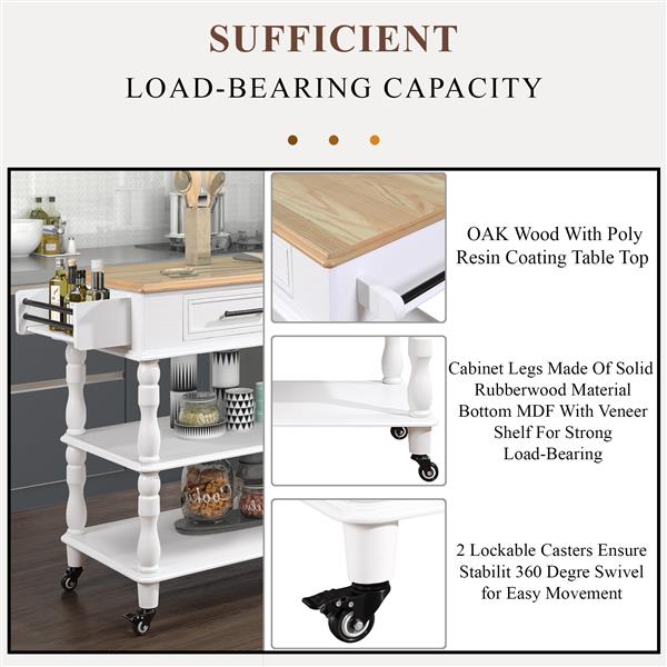 56 inch Rolling Kitchen Island with Storage,Kitchen Cart with Solid OAK Wood Top,Two-sided Kitchen island Cart on Wheels ,Wine and Spice Rack, Large Kitchen Cart with 2 Drawers, Milk White+Natural Top