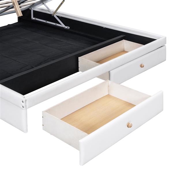 Queen Size Upholstered Bed with Hydraulic Storage System and Drawer, White