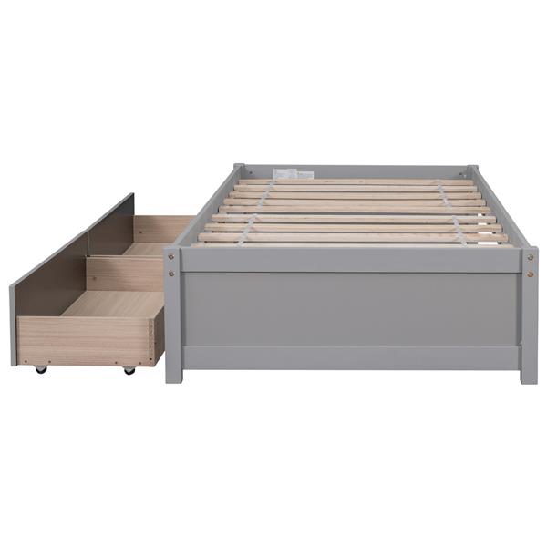 Twin Bed with 2 Drawers, Solid Wood, No Box Spring Needed ,Grey