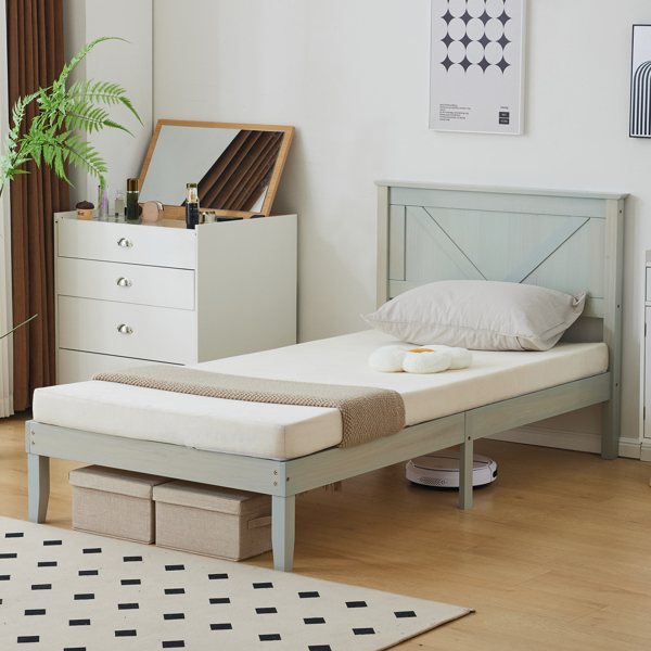 Twin Size Solid Wood Platform Bed Frame with Headboard Gray Wash