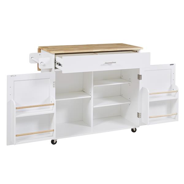 K&K Rolling Kitchen Island with Storage, Kitchen Cart with Rubber Wood Top, Spacious Drawer with Divider and Internal Storage Rack, Kitchen Island on Wheels with Adjustable Shelf Tower Rack, White