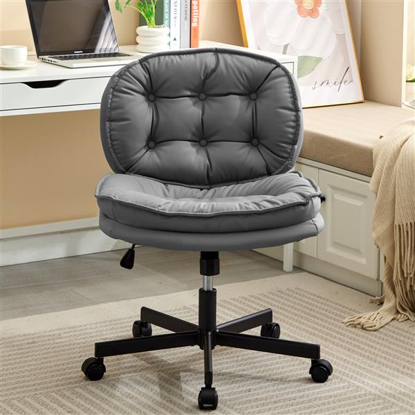 Armless-Office Desk Chair with Wheels: PU Leather Cross Legged Wide Chair,Comfortable Adjustable Swivel Computer Task Chairs for Home,Office,Make Up,Small Space,Bed Room