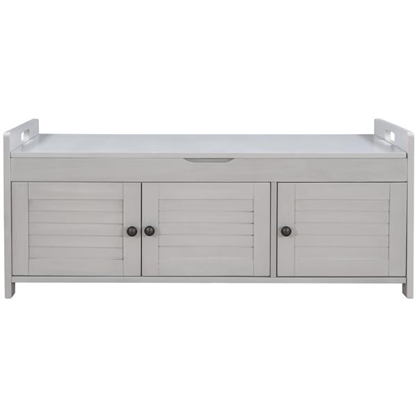 Storage Bench with 3 Shutter-shaped Doors, Shoe Bench with Removable Cushion and Hidden Storage Space (Gray Wash)