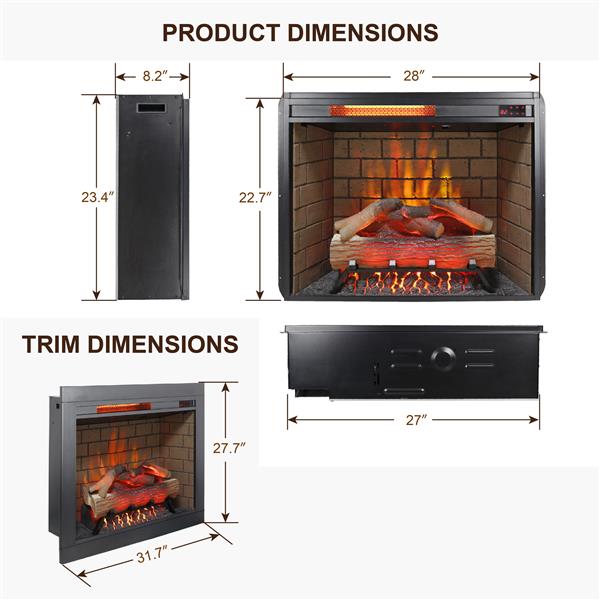 28inch Infrared Electric Fireplace Insert, Touch Panel Home Decor Heater, Smokeless Firebox With Trim Kit