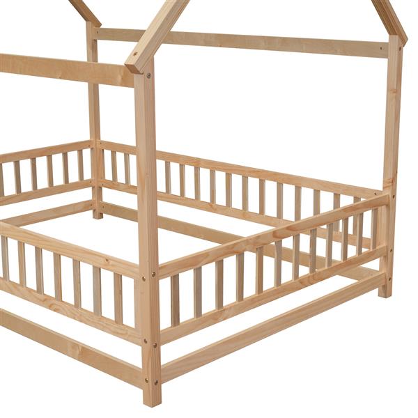 Full Size Floor Wooden Bed with House Roof Frame, Fence Guardrails ,Natural