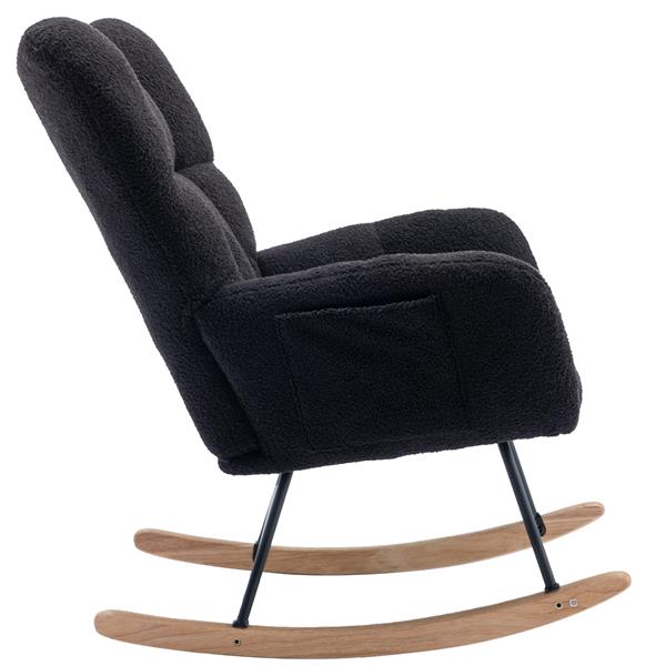 Rocking Chair with Pocket, Soft Teddy Fabric Rocking Chair for Nursery, Comfy Wingback Glider Rocker with Safe Solid Wood Base for Living Room Bedroom Balcony (black)