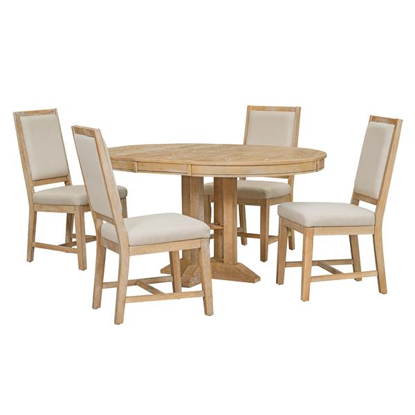 5-Piece Dining Set Extendable Round Table and 4 Upholstered Chairs Farmhouse Dining Set for Kitchen, Dining Room(Natural Wood Wash)