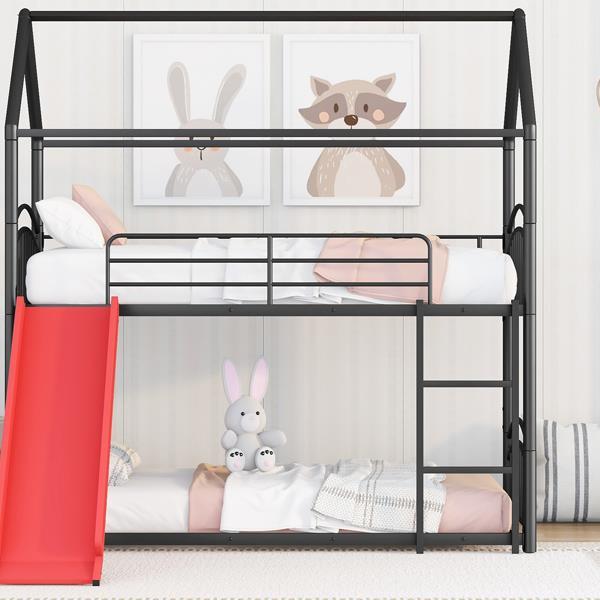 Twin Over Twin Metal Bunk Bed With Slide,Kids House Bed Black+Red