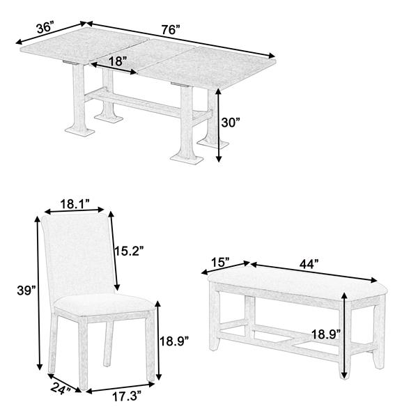 Farmhouse 76inch 6-Piece Extendable Dining Table Set Trestle Kitchen Table Set with 18inch Removable Leaf and Upholstered Dining Chair and Bench for Dining Room, Natural